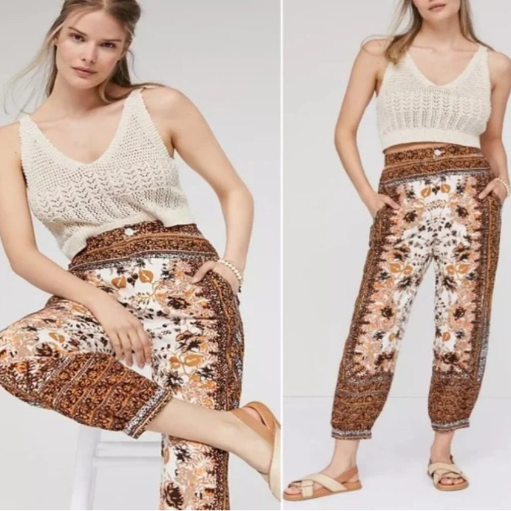 Boho Floral Print Cropped Pants in Brown & Cream